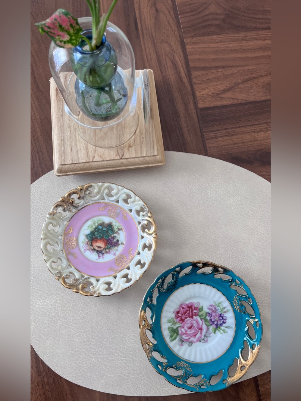 Vintage Royal Halsey Reticulated Plates Set of 2 - Pink & Teal (4”)